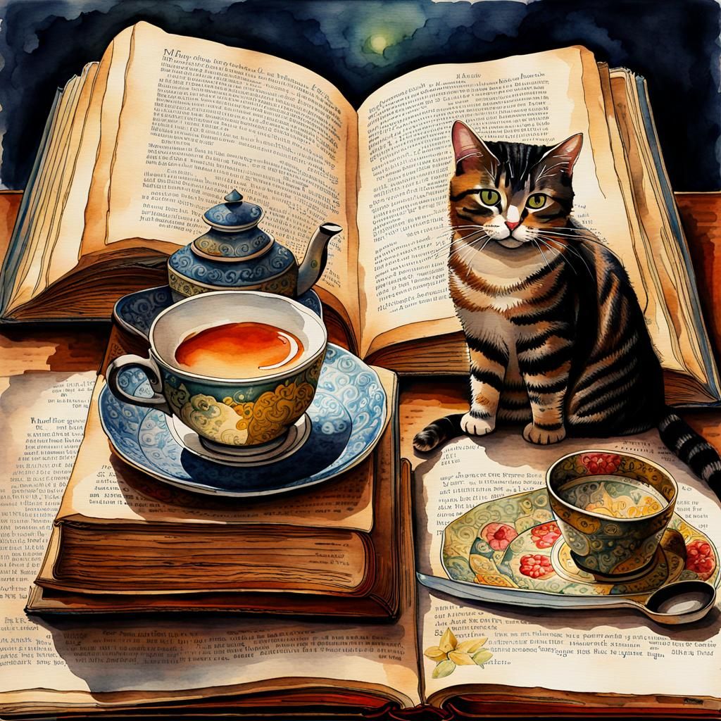 Whimsical Watercolor of Cat, Tea, and Book