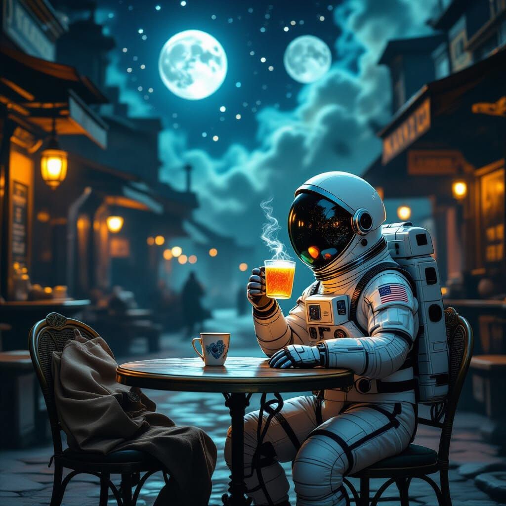 Astronaut in 1950s Spacesuit in Alien Market