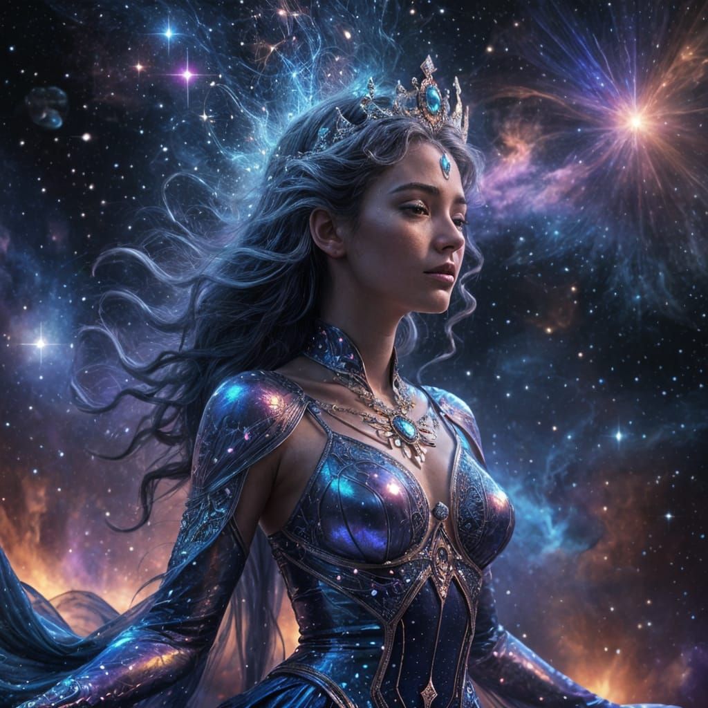 Cosmic Goddess Radiates Stardust in Vibrant Nebula Scene