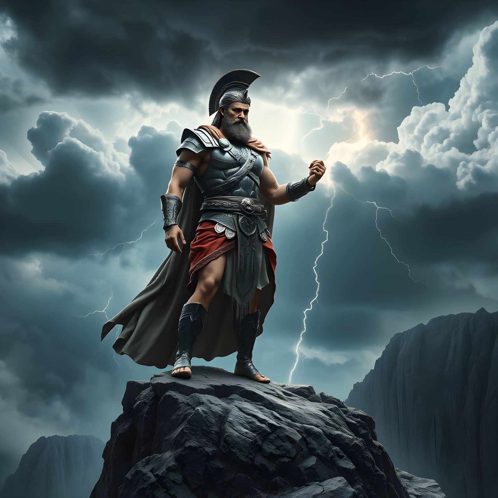 Greek God on Stormy Cliff in Photorealistic Ancient Mytholog...