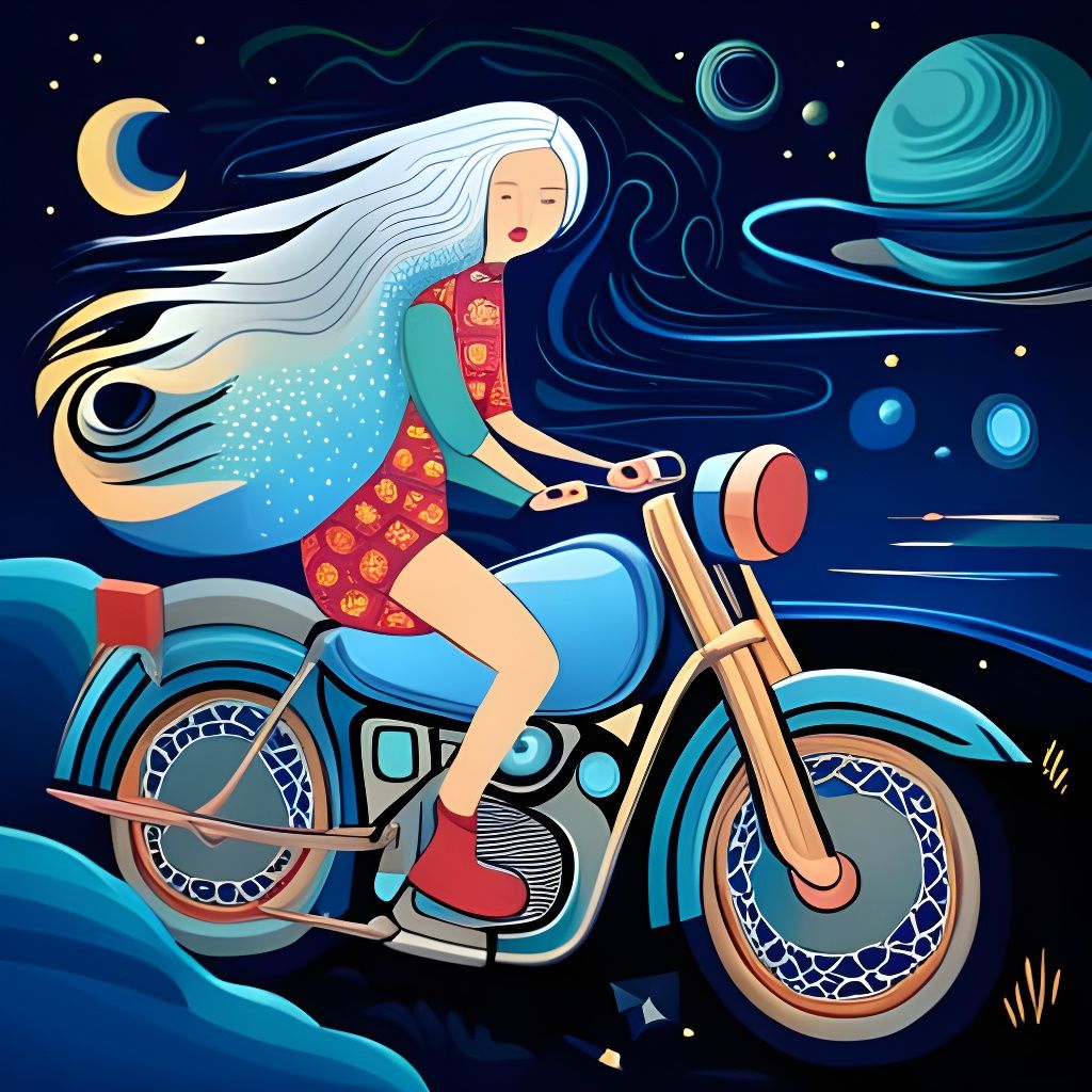 Silver Haired Girl Rides Motorcycle in Cosmic Sky
