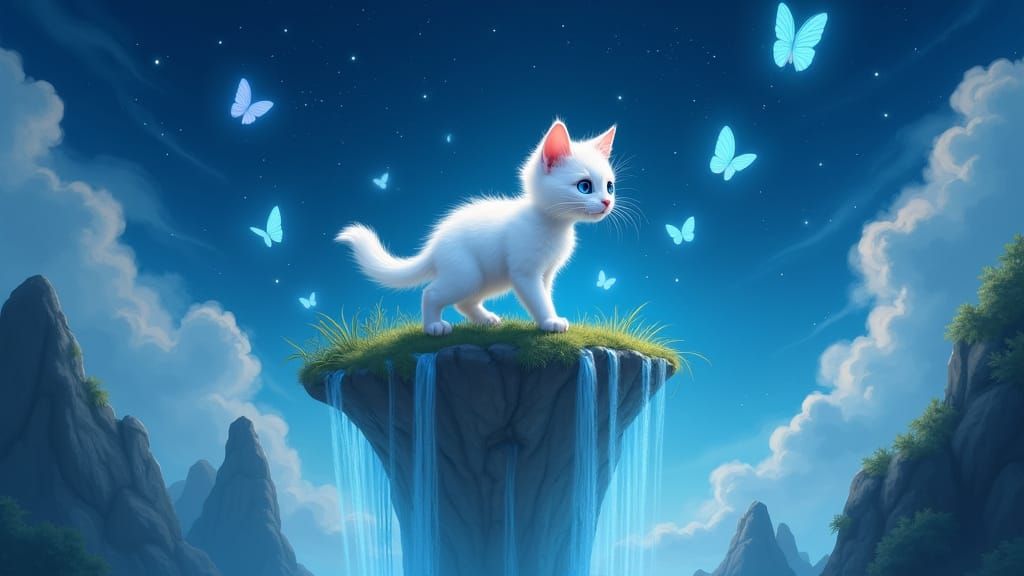 Kitten on Floating Island in Dreamy Landscape