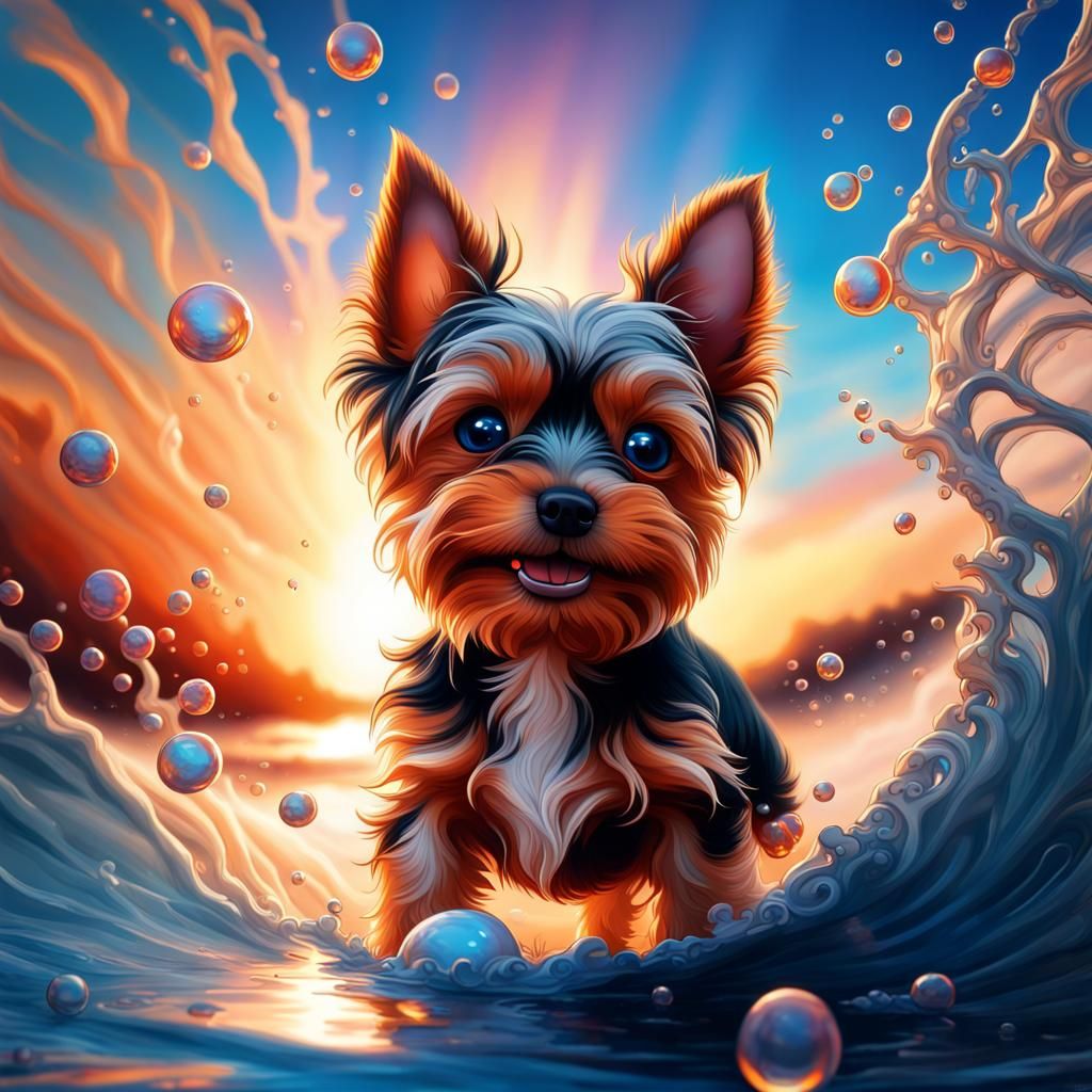 Yorkshire Terrier Puppy in Sunset Fire: Hyperrealistic Splas...