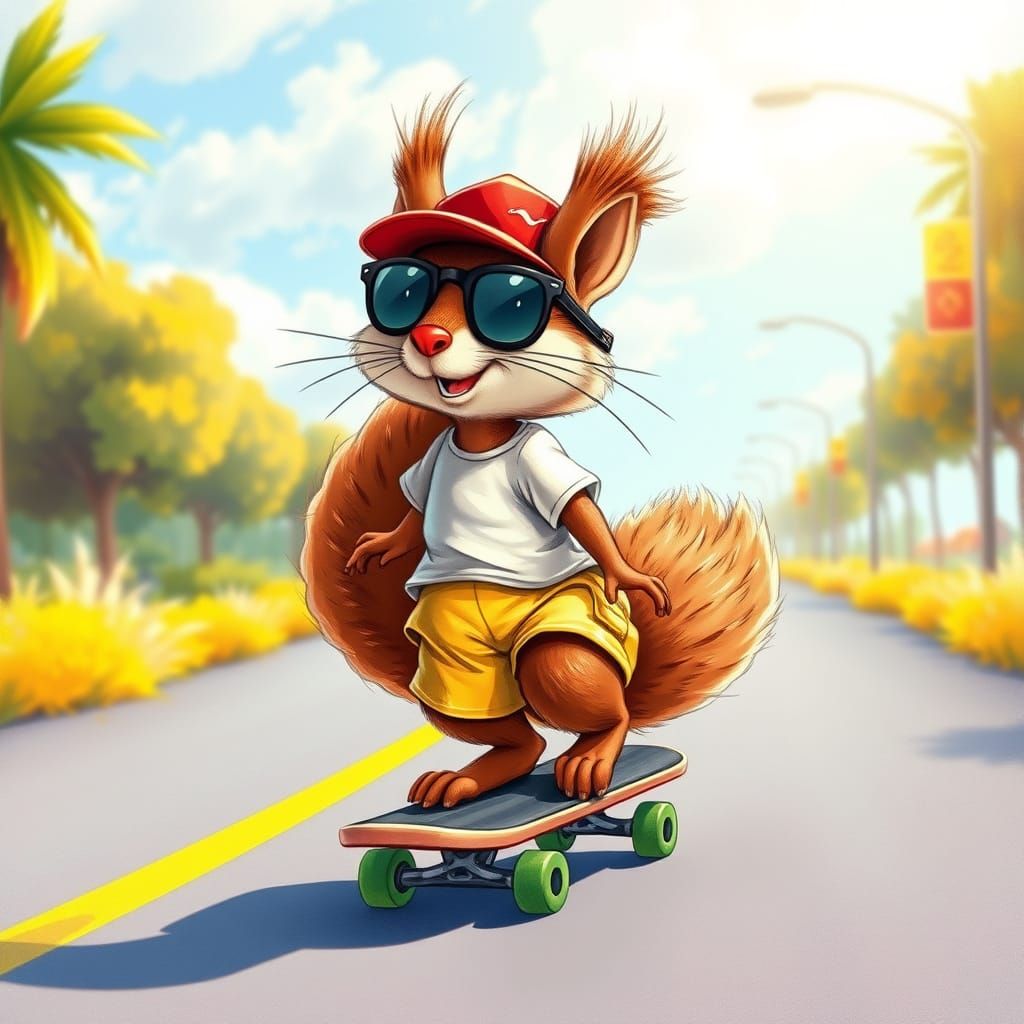 Animated Squirrel Skateboarder in Vibrant Fantasy Art Style