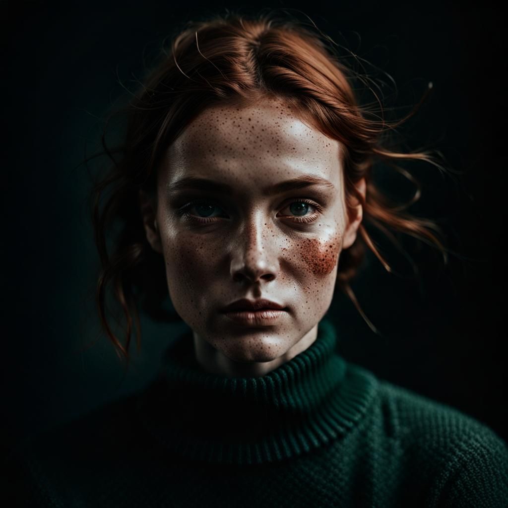 Portrait of Freckled Woman in Light and Shadow