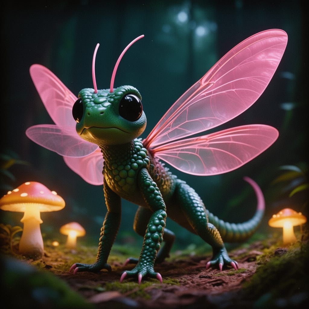Green Scaly Lizard with Pink Dragonfly Wings in Dark Forest