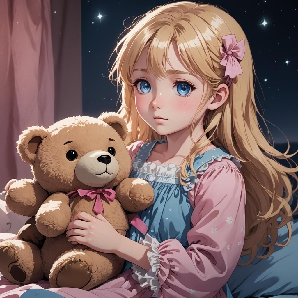 Anime Girl with Teddy Bear in Manga Style