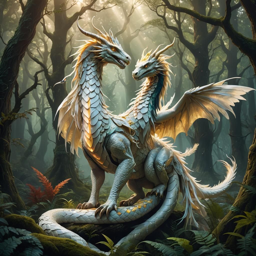 Albino Snake-Dragon-Unicorn-Hawk Hybrid in Mystical Forest