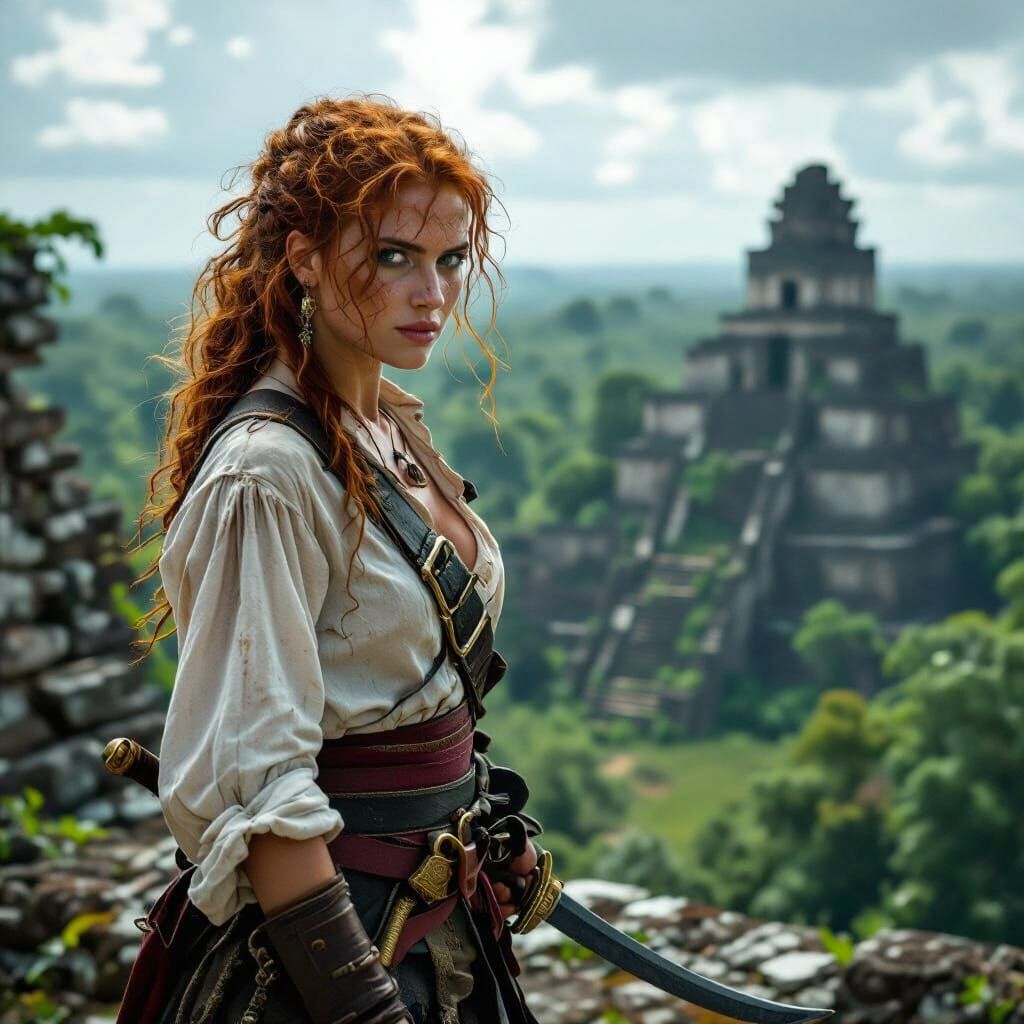 Female Pirate Surveys Jungle Ruins