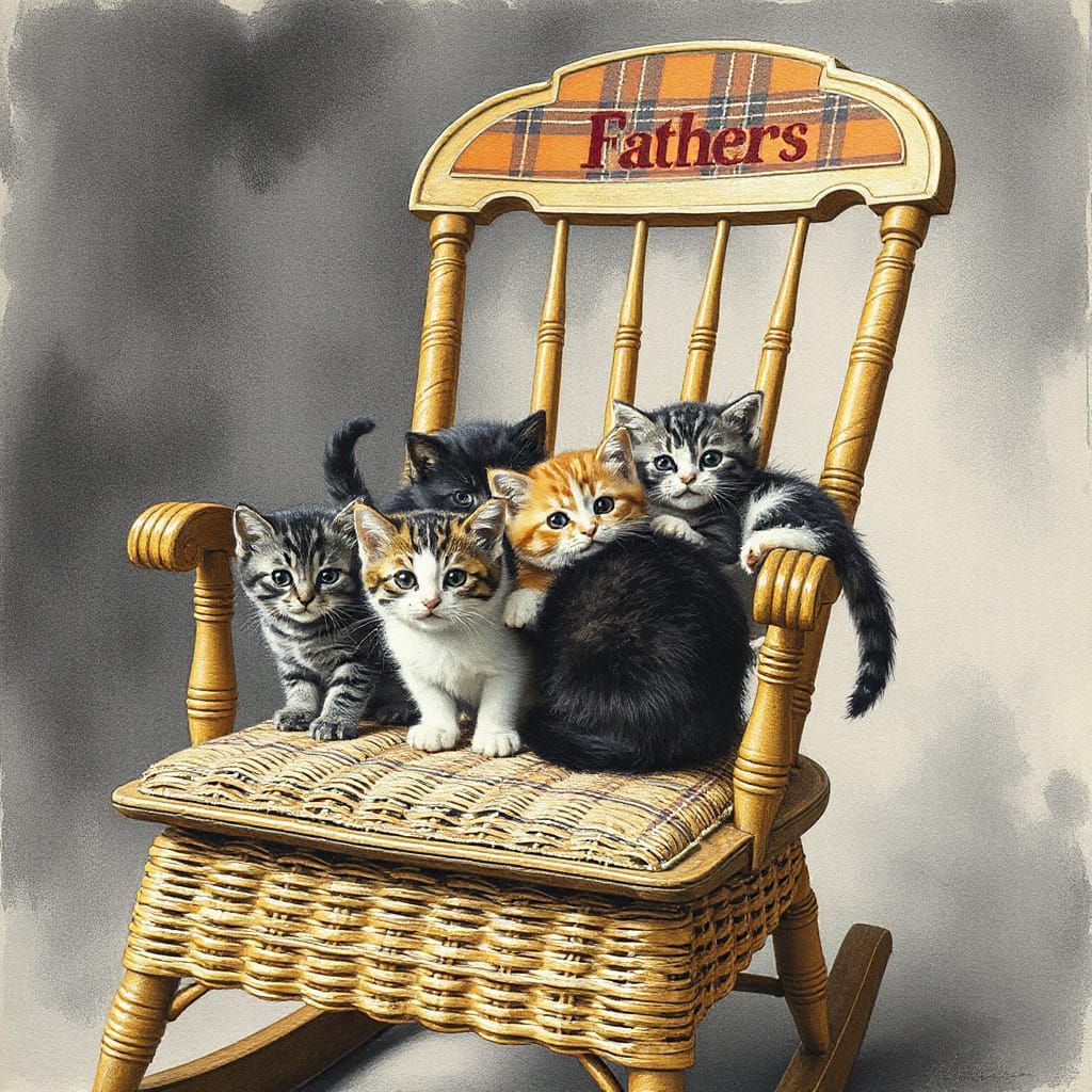 Kittens Play on Straw Rocking Chair in Charcoal Drawing