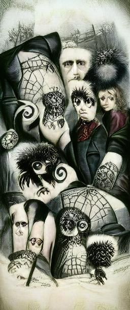 Victorian Goth Cartoon with Skulls and Spiders
