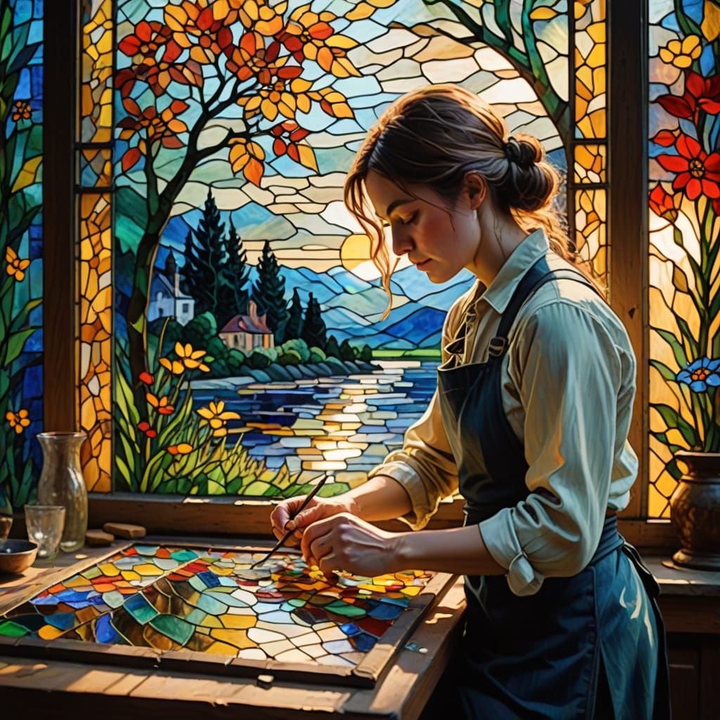 Stained Glass Artisan at Work in a Sunlit Studio