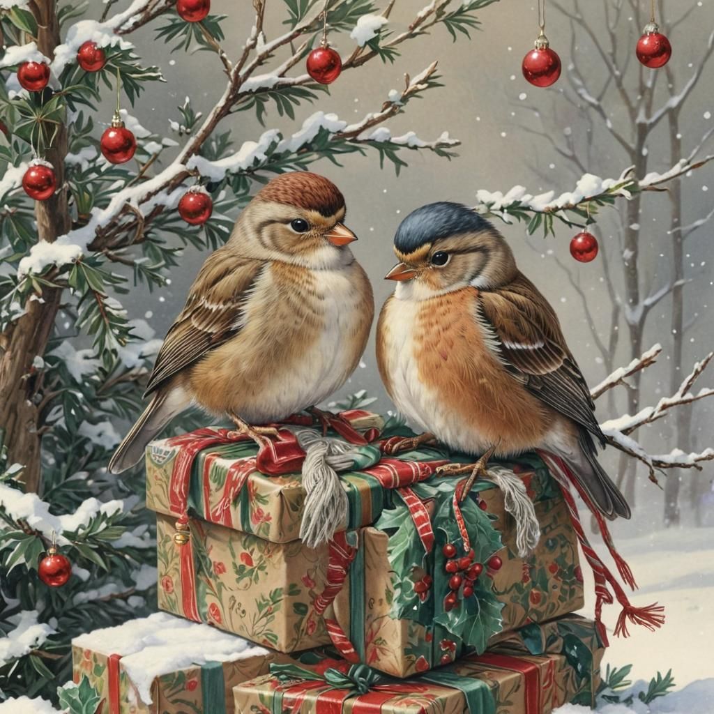 Birds in Christmas Sweaters, Art Nouveau Print