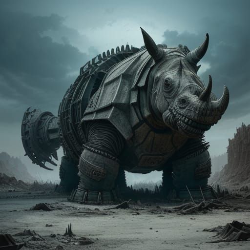 Cyberpunk Juggernaut Rhinoceros in Post-Apocalyptic Wastelan...
