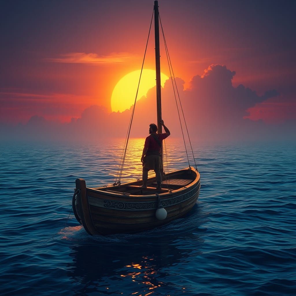 Sunset Sailboat on Glassy Ocean, Matte Painting Style
