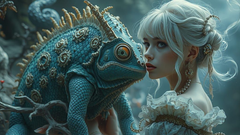 Gothic Fantasy Woman and Iridescent Chameleon