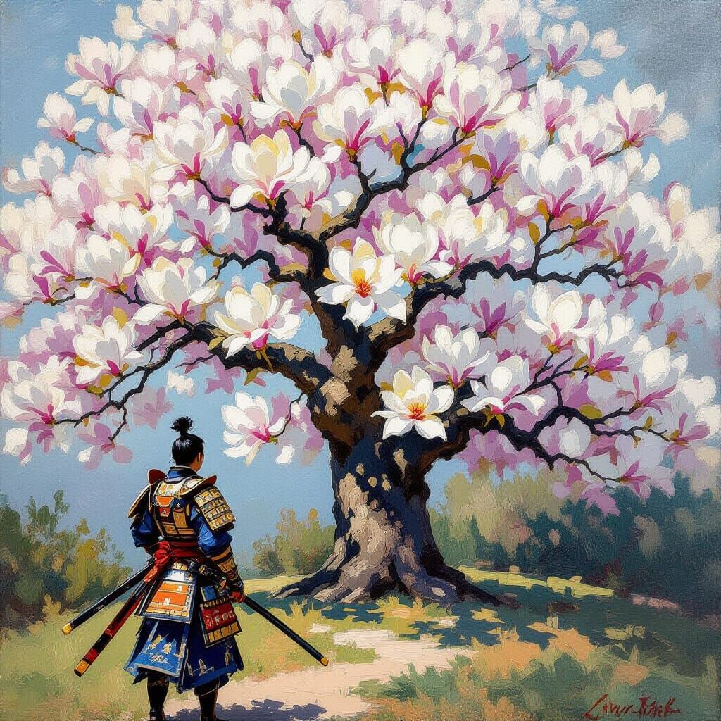 Samurai Warrior Under Ethereal Magnolia Tree, Impressionist ...