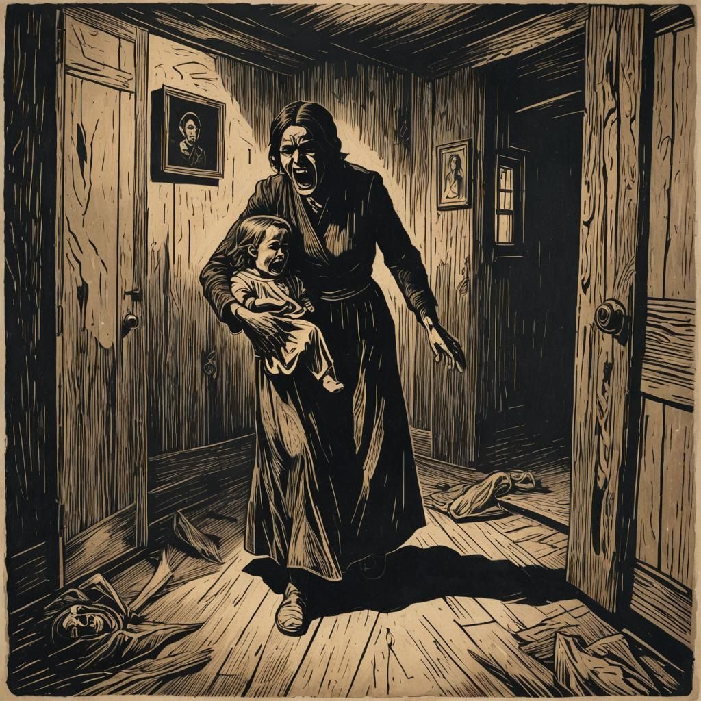 Expressionist Woodcut: Mother's Grief in High Contrast