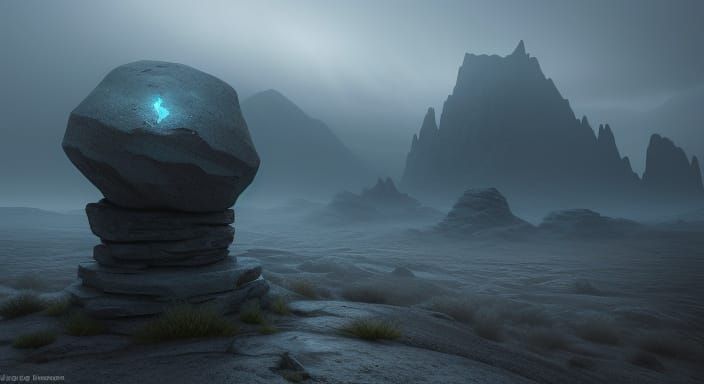 Mysterious Glowing Stone in Ethereal Mist