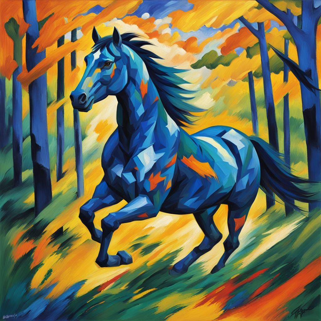 Blue Horse Galloping Through Expressionist Forest