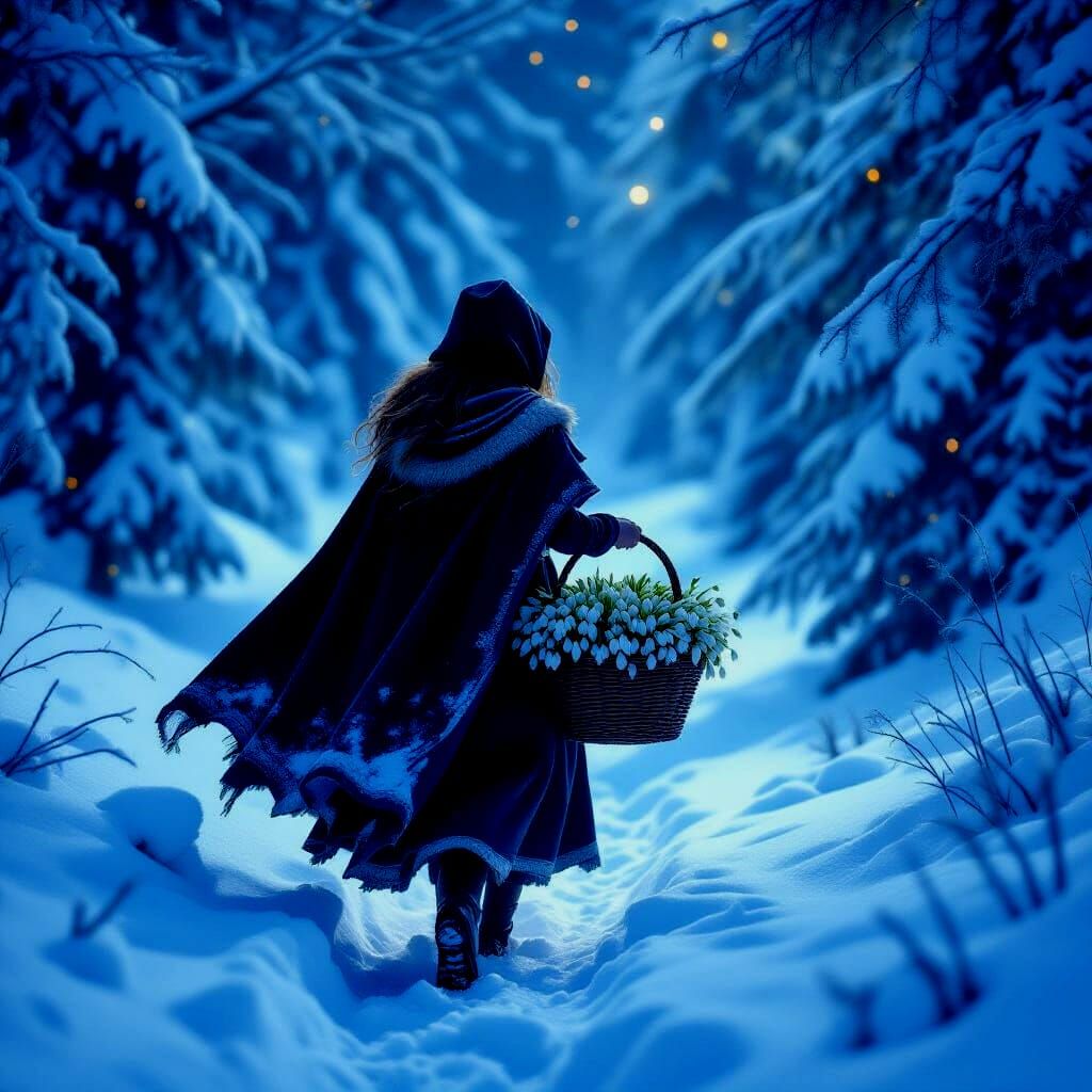 Girl in Snowy Forest with Basket of Snowdrops