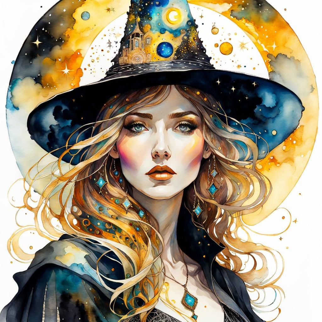 Young Witch Summons the Sky in Art Nouveau Style