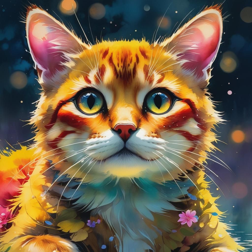 Dreamy Lake Glade at Night in Watercolor Style