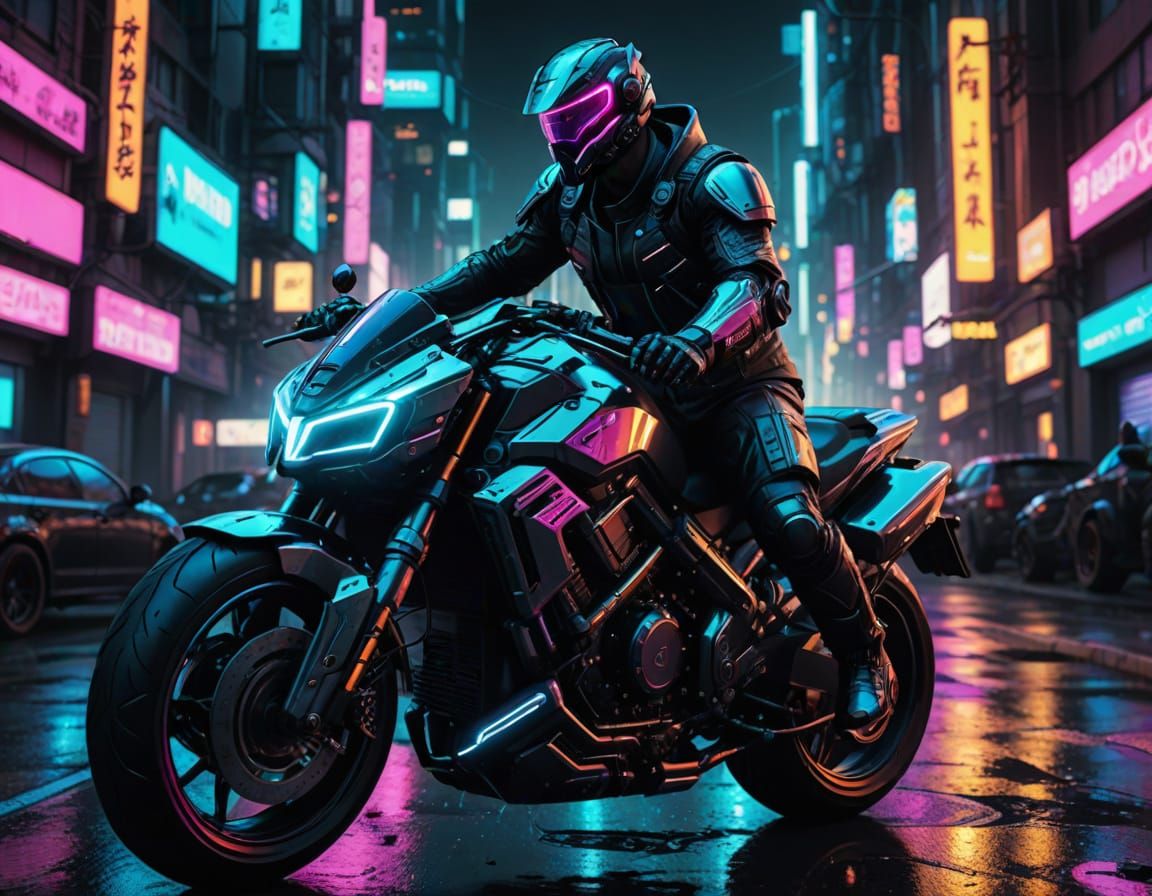 Cyberpunk Rider on Neon City Streets