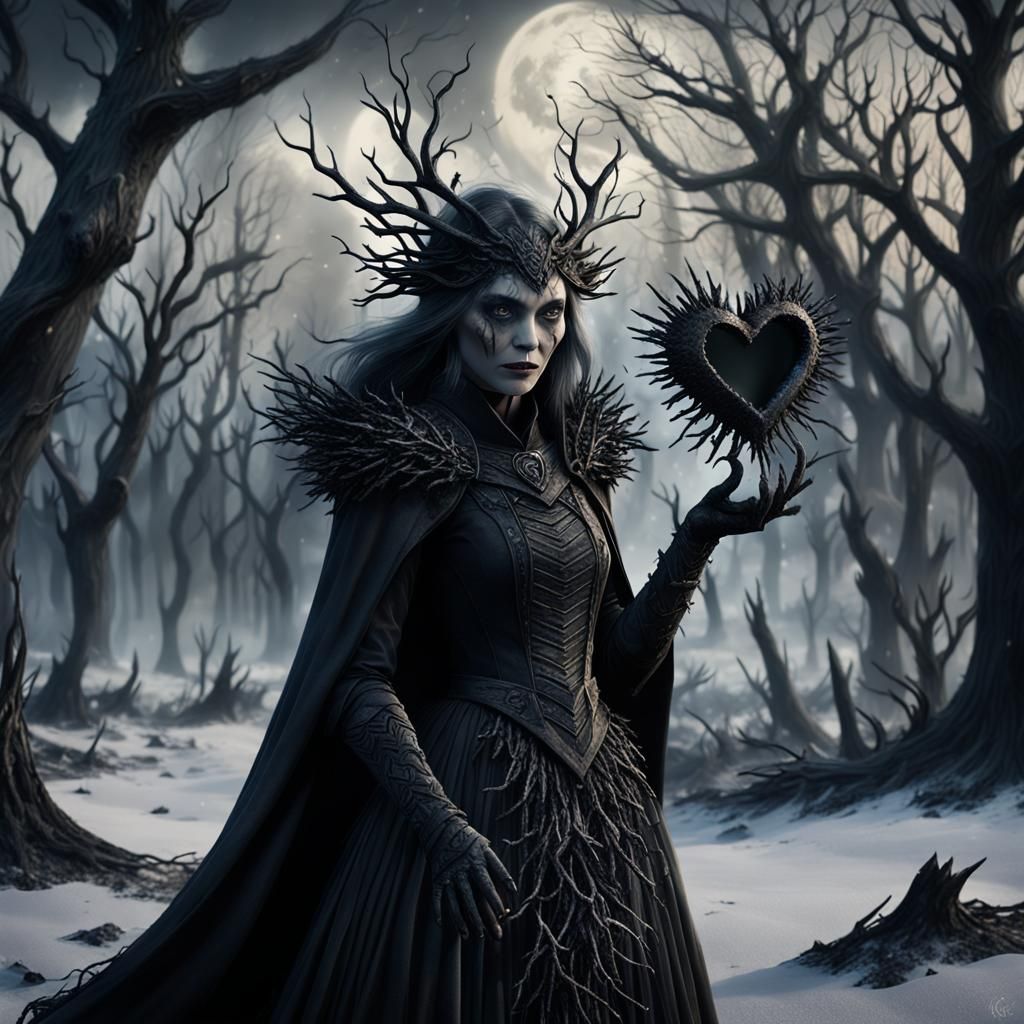 Ash Witch with Black Heart in Winter Landscape