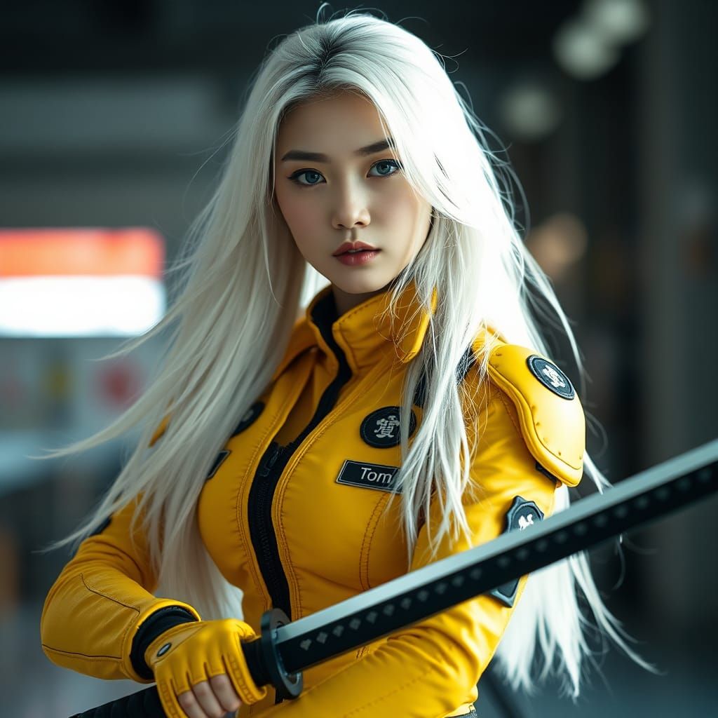 Asian Woman in Cyberpunk Mech Suit with Sword