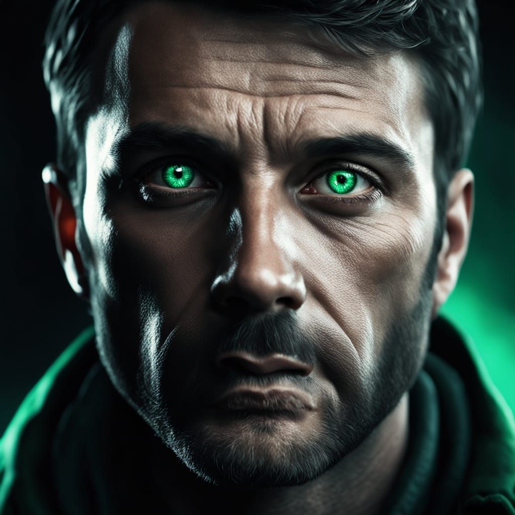 Realistic Portrait of a Man with Emerald Green Eyes