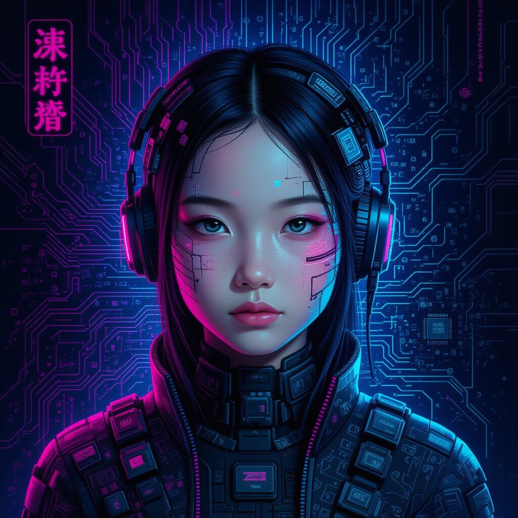 Cyberpunk Portrait: Neon Girl in Futuristic Cityscape