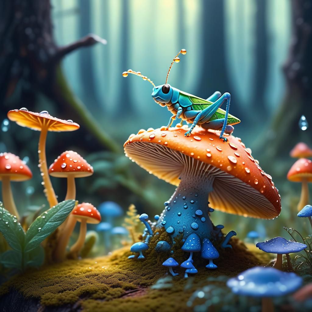Kawaii Grasshopper in Whimsical Forest, Digital Art