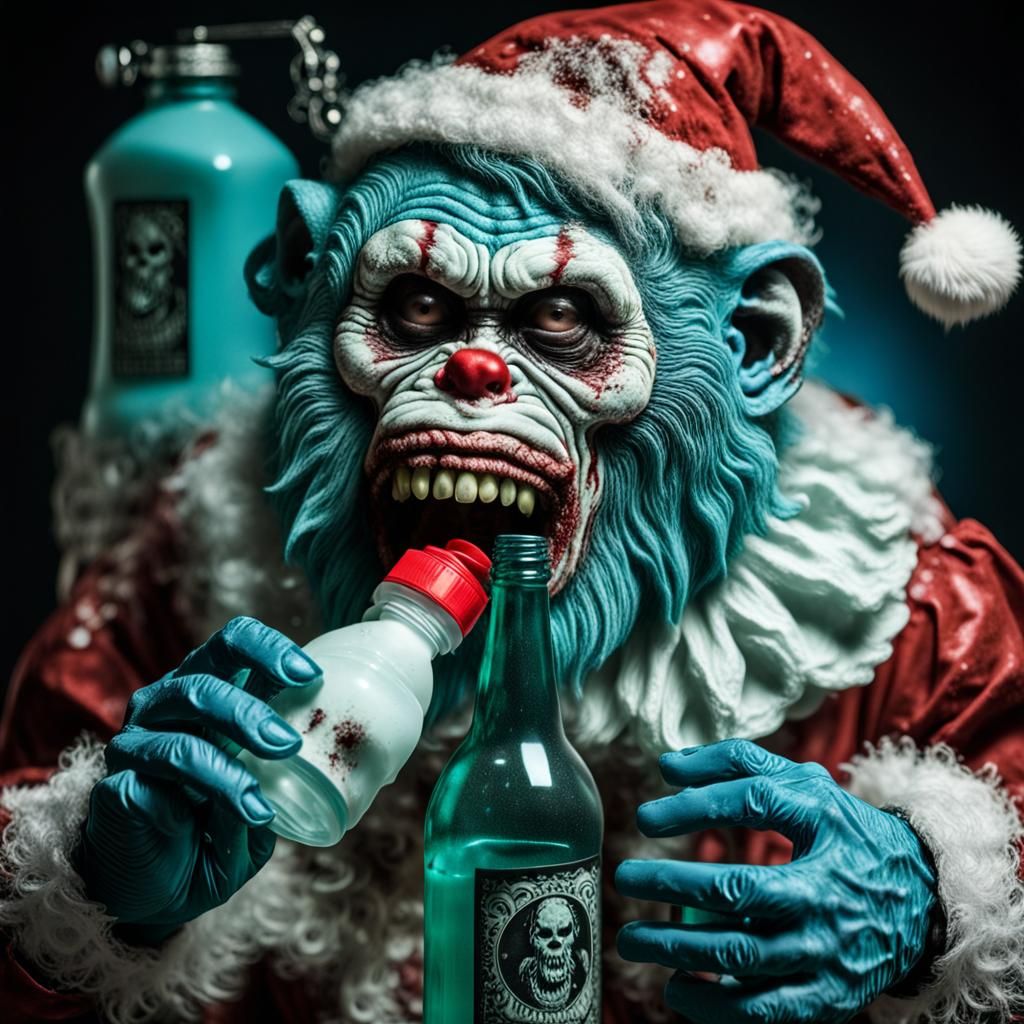 Grotesque Clown Santa Sips from Bleach Bottle in Eerie Biome...