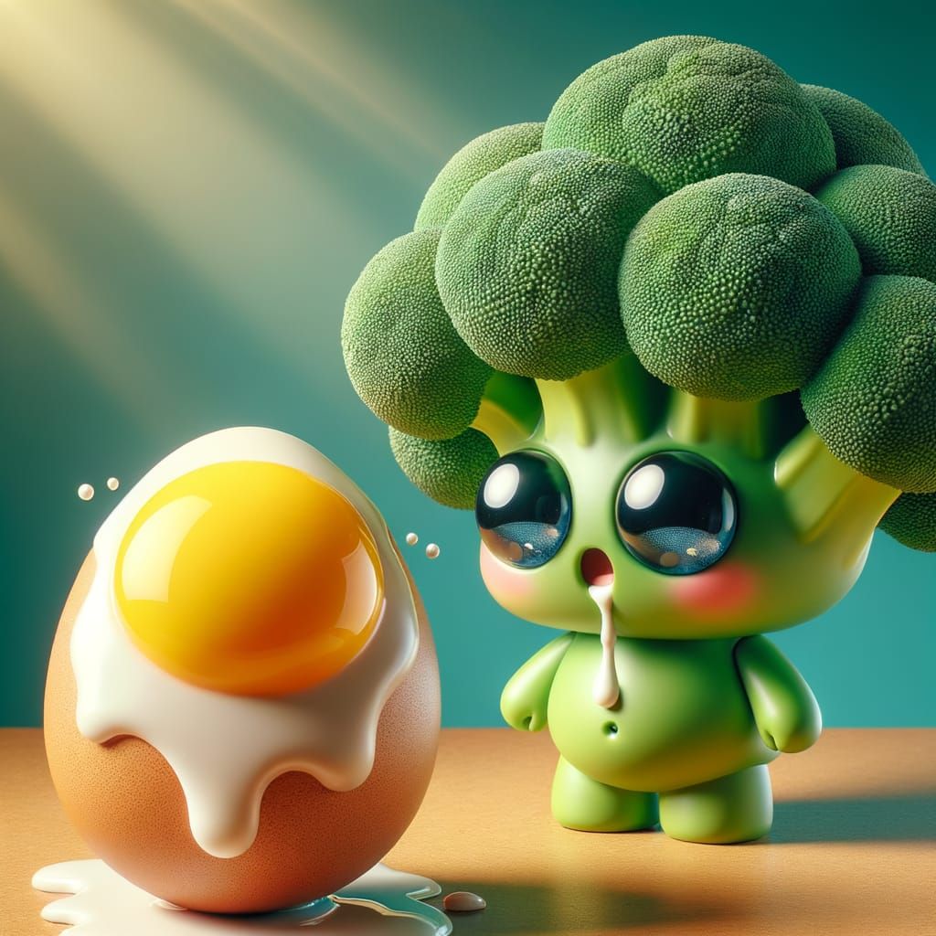 Charming Broccoli Character Stares at a Giant Egg