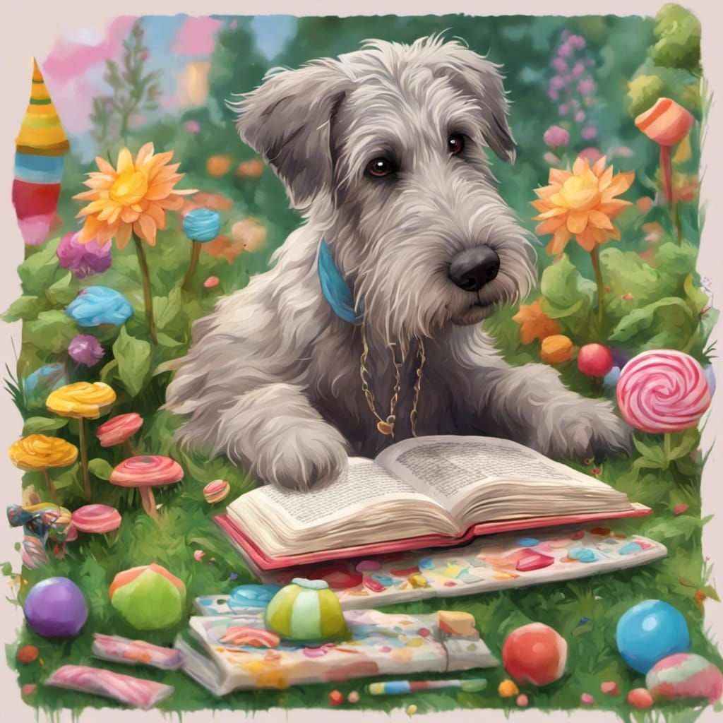 Chibi Irish Wolfhound Puppy Reads in Whimsical Garden