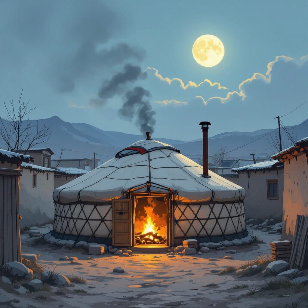 Mongolian Ger in Courtyard Under Rising Moon