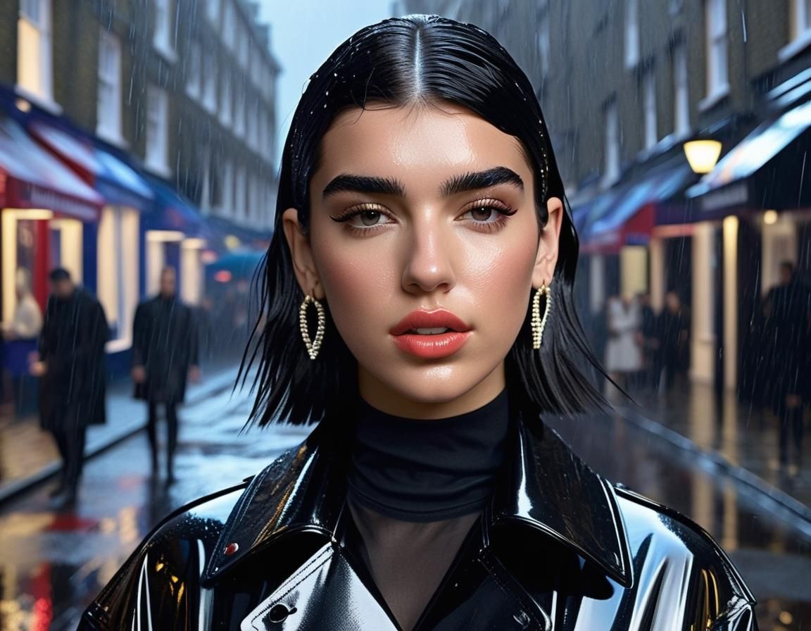 Dua Lipa in London: Ultrarealistic Rainy Night Portrait