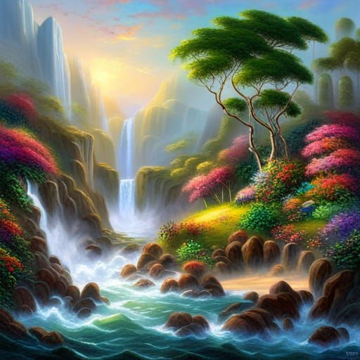 Ethereal Tropical Oasis with Rainbow Sunset