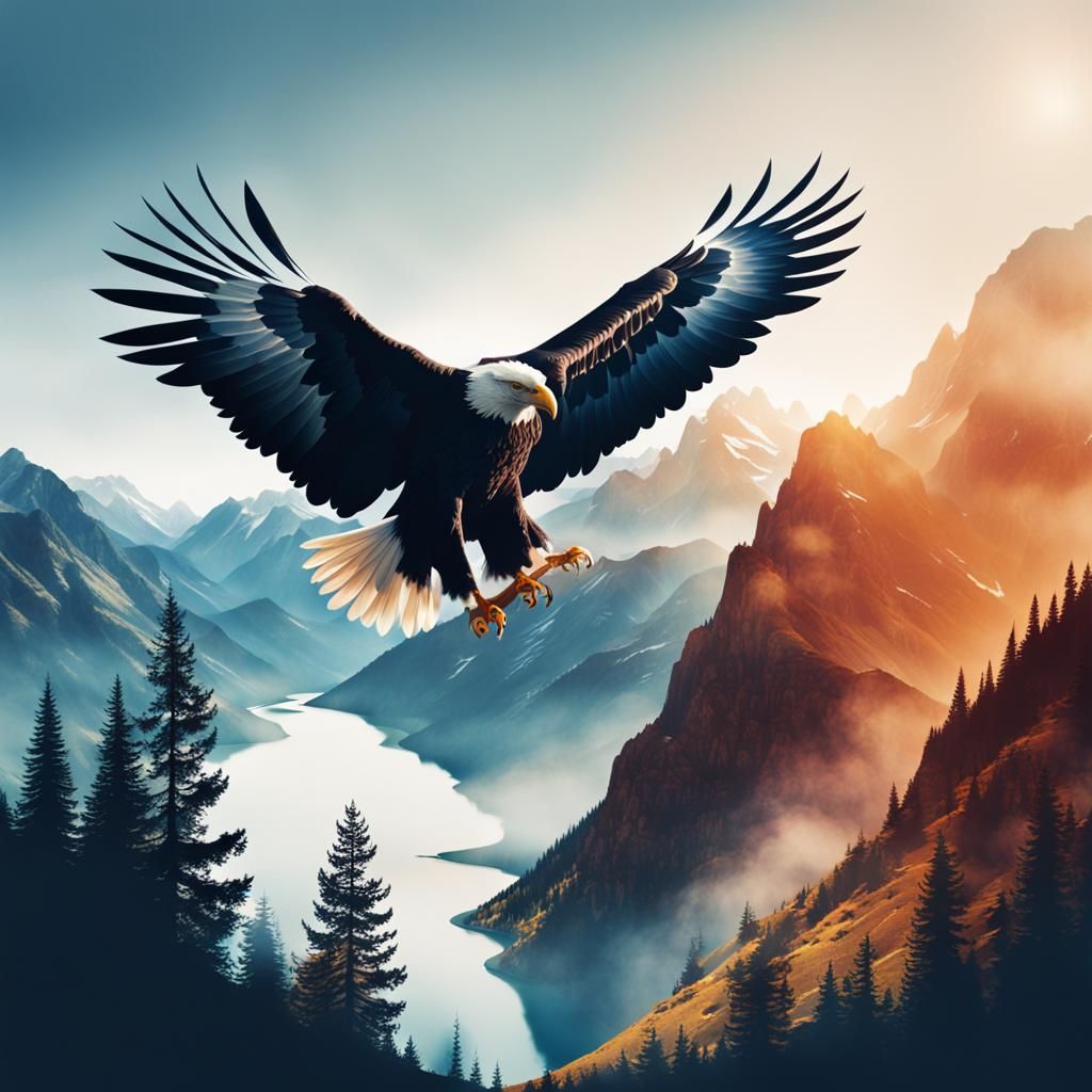 Eagle soaring above a valley
