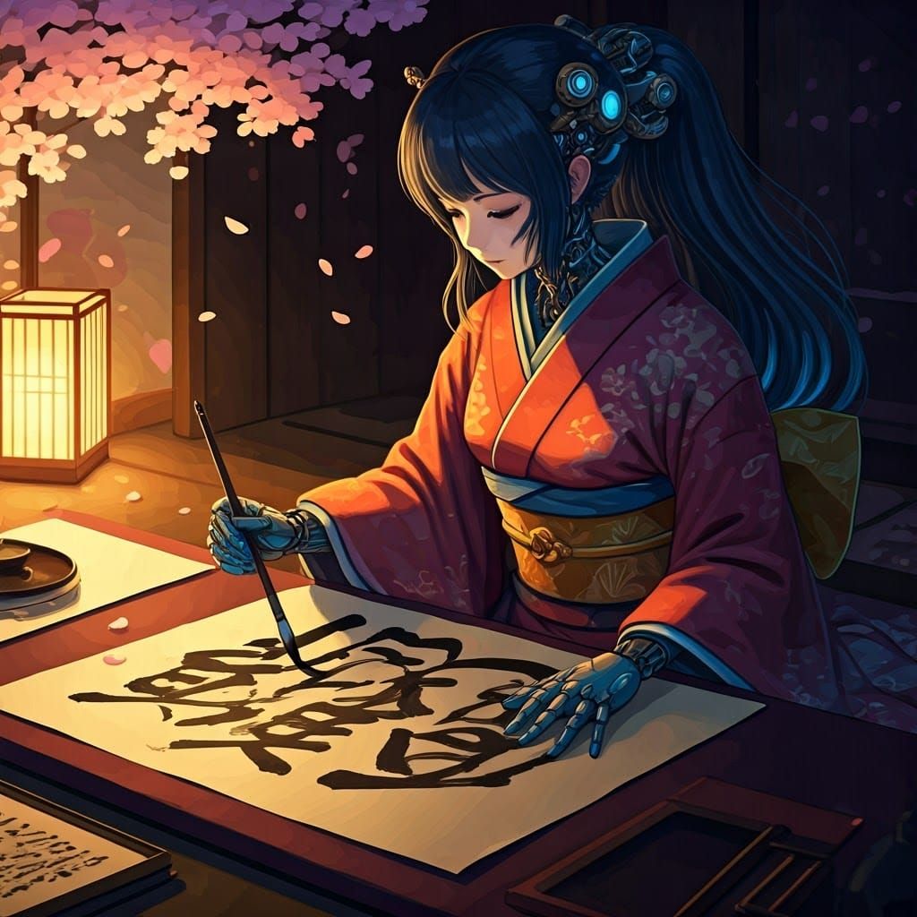 A female cyborg doing calligraphy