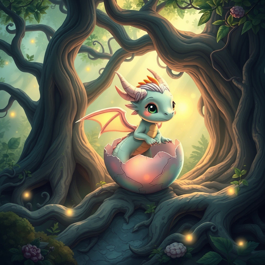 Chibi Dragon Hatching in Mystical Forest