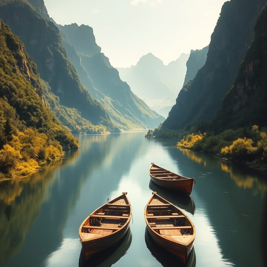 River Valley Landscape with Majestic Mountains and Wooden Bo...