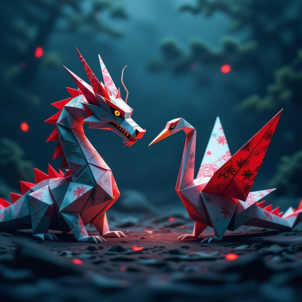 Dramatic Origami Dragon and Crane with Neon Accents