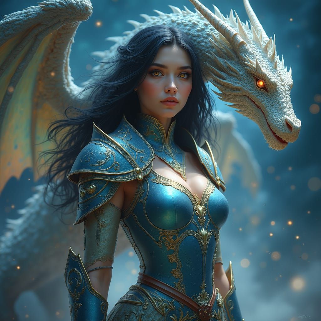 Mystical Warrior Woman with Dragon and Stars in Whimsical Ar...