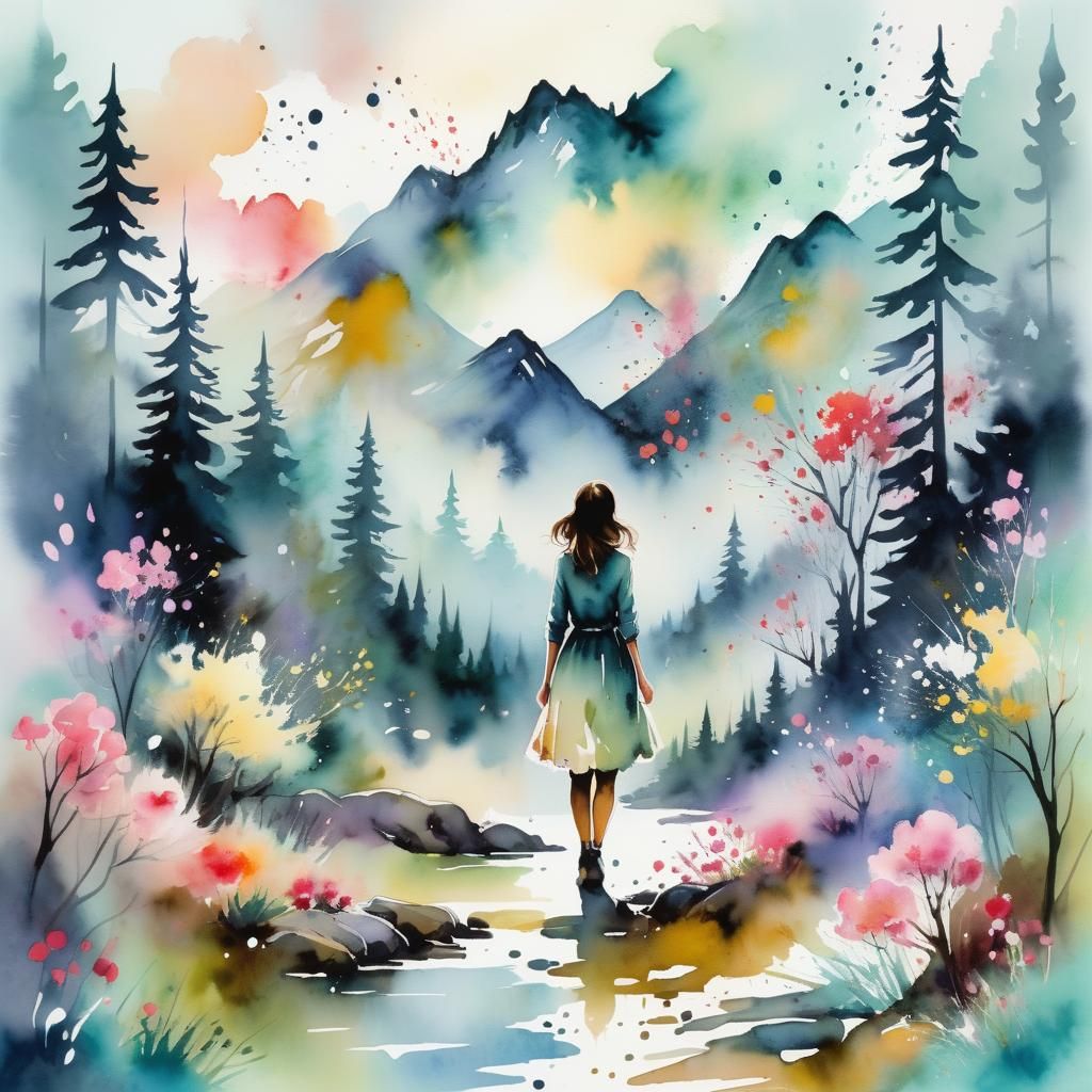Girl in Ink Splatter Watercolor Mountain Landscape