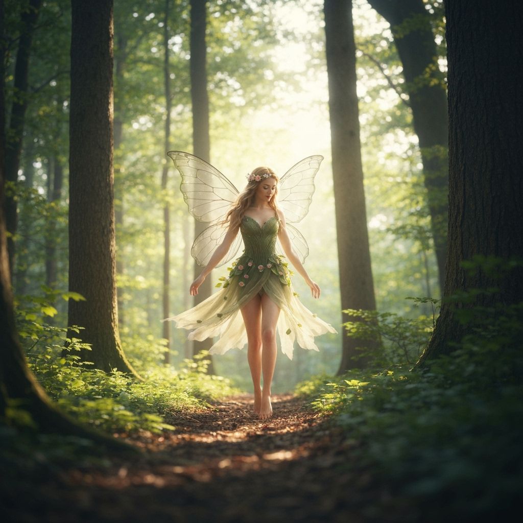 Fairy Blowing Dandelion Seeds in Sunny Meadow