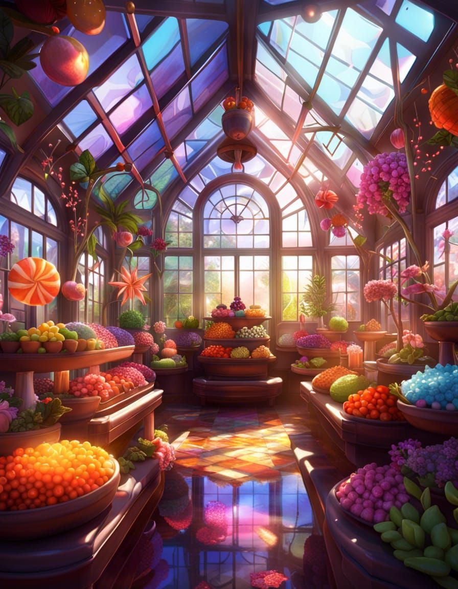 Magical Candy Greenhouse Interior in Photorealistic Style