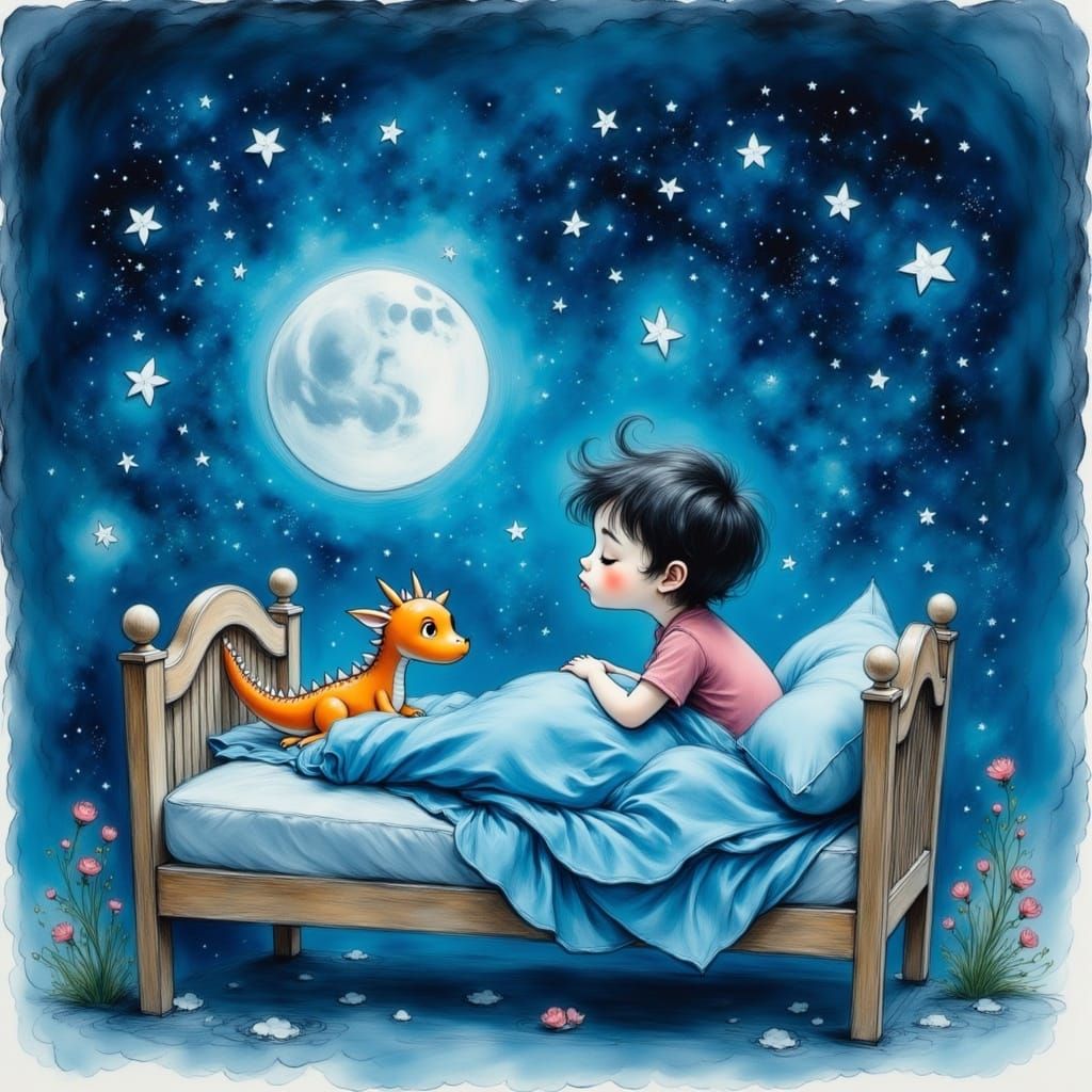 Whimsical Dream Guardian in a Cozy Blue Bedroom