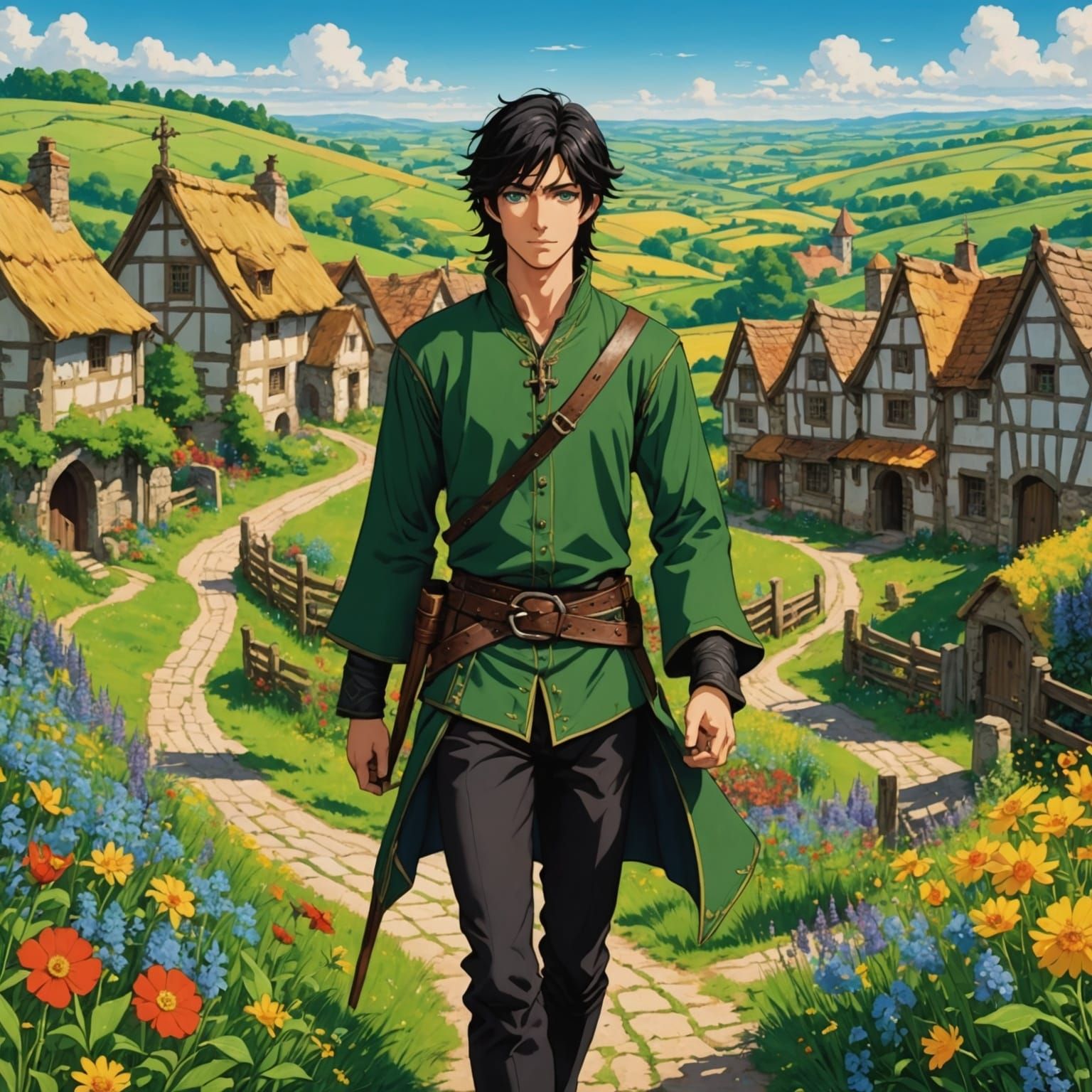 Anime Man at Crossroads in Medieval Countryside